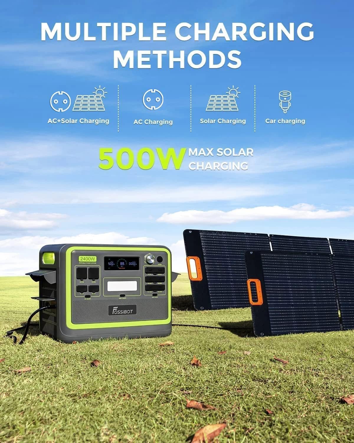 FOSSiBOT F2400 Tragbare Powerstation 2048Wh LiFePO4 mit mit 420W Solarpanel, 3x AC Ausgängen 2400W (4800W Peak) Solargenerator, 230V AC/DC/USB C/QC3.0, Mobiler Stromgenerator für Outdoor Camping