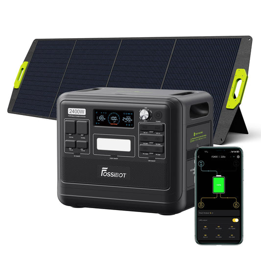 FOSSiBOT F2400 Solar Generator mit 200W Solar Panel, 2400W Tragbare Powerstation 2048Wh LiFePO4 with 3AC Ausgabe (4800W Peak), 13 Steckdosen Stromspeicher für Outdoor, Camping im Wohnmobil Backup