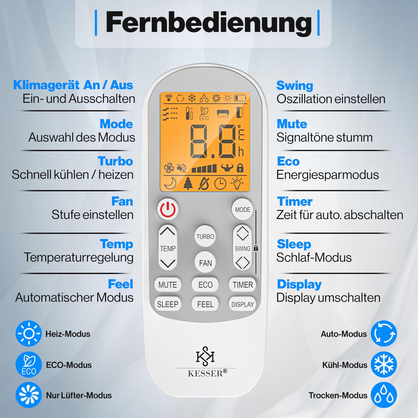 KESSER® Split-Klimaanlage 12000 BTU (3,4 kW), A++/A+, WiFi/App, R32, mit Fernbedienung, Timer & komplettem Montagematerial