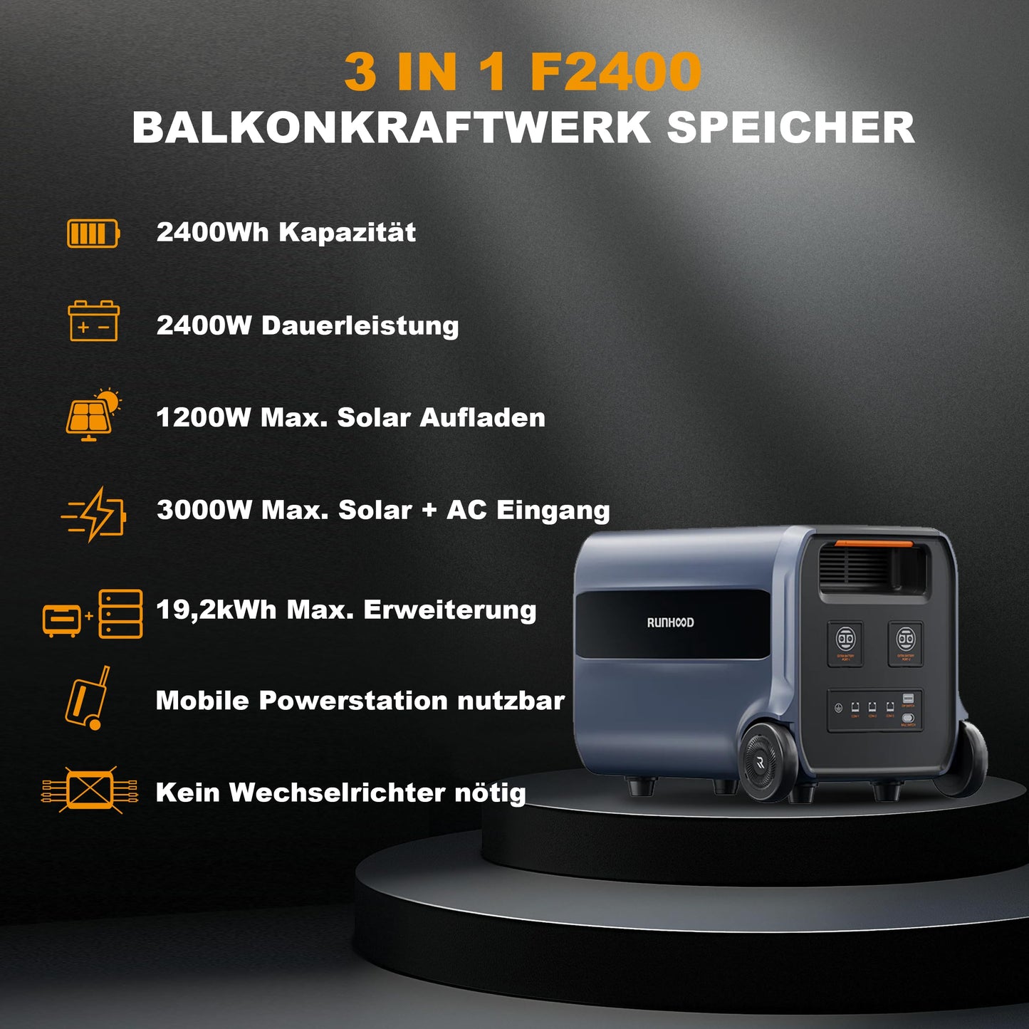 Balkonkraftwerk Speicher 2.4kWh LiFePO4 mit 800W Wechselrichter, Plug & Play, APP-Steuerung, erweiterbar bis 9.6kWh