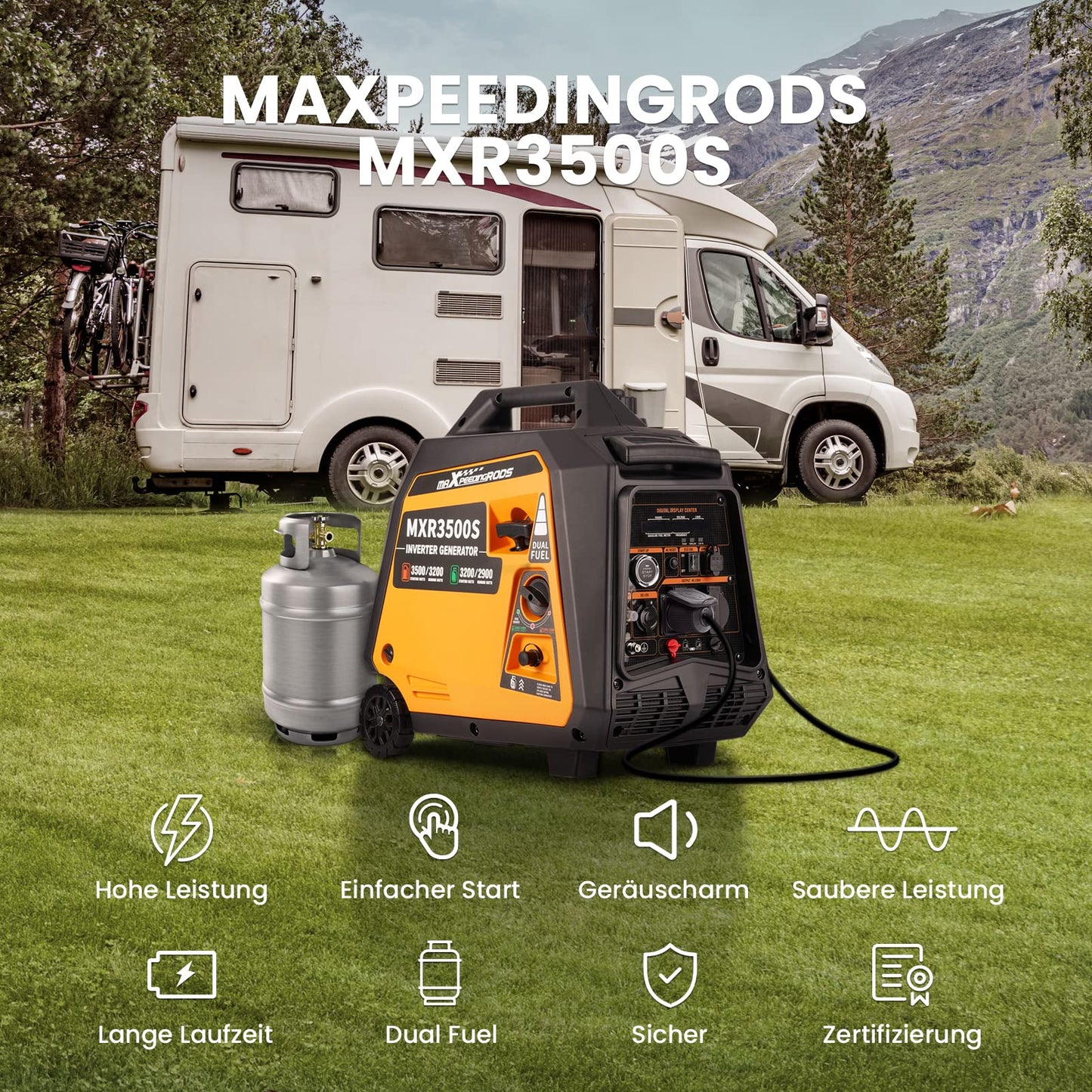 maXpeedingrods 3500W Inverter Generator, LPG/Benzin, leise, Elektrostart & Fernbedienung, tragbar für Camping & Notstrom