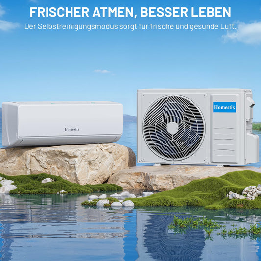 Split-Klimaanlage 12000 BTU, 4-in-1: Heizen, Kühlen, Entfeuchten, Lüften, bis 75 m², ultraleise, mit App, Fernbedienung, Timer & Montagematerial