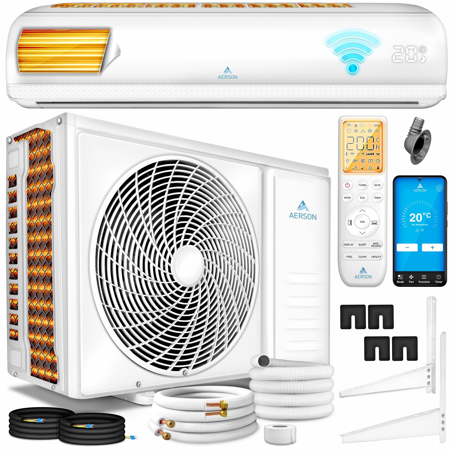 AERSON® Split-Klimaanlage 12000 BTU (3,5 kW), A++/A+, WiFi/App, R32, Wandgerät mit Fernbedienung, Timer & komplettem Montagematerial