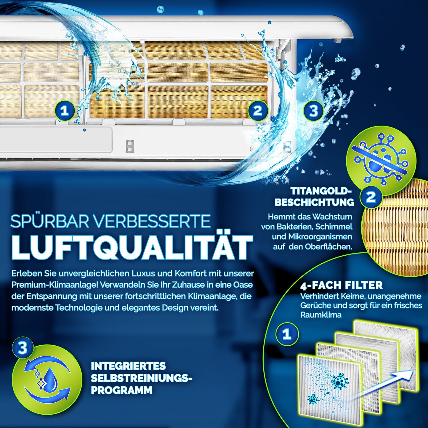 AERSON® Split-Klimaanlage 12000 BTU (3,5 kW), A++/A+, WiFi/App, R32, Wandgerät mit Fernbedienung, Timer & komplettem Montagematerial