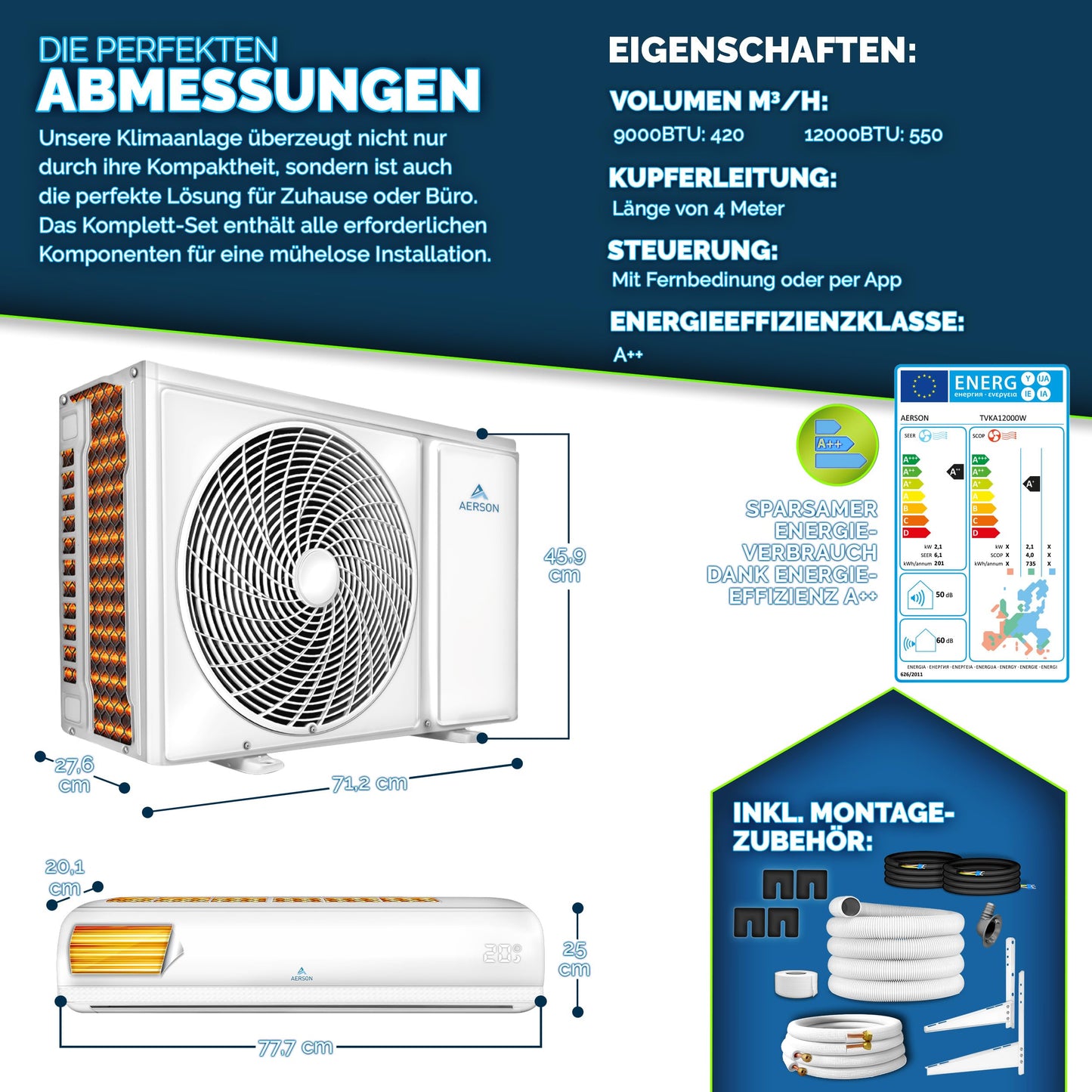 AERSON® Split-Klimaanlage 12000 BTU (3,5 kW), A++/A+, WiFi/App, R32, Wandgerät mit Fernbedienung, Timer & komplettem Montagematerial