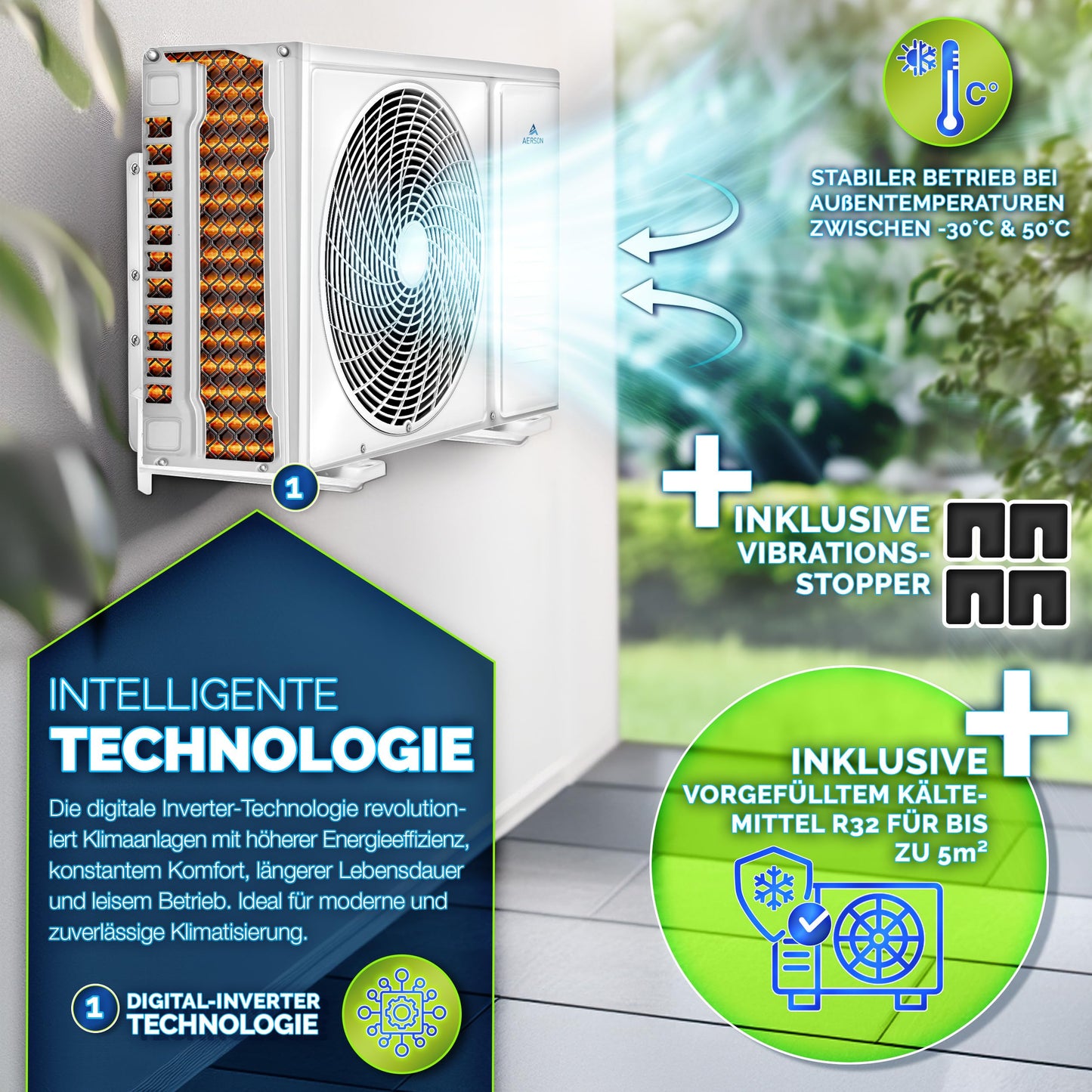 AERSON® Split-Klimaanlage 12000 BTU (3,5 kW), A++/A+, WiFi/App, R32, Wandgerät mit Fernbedienung, Timer & komplettem Montagematerial