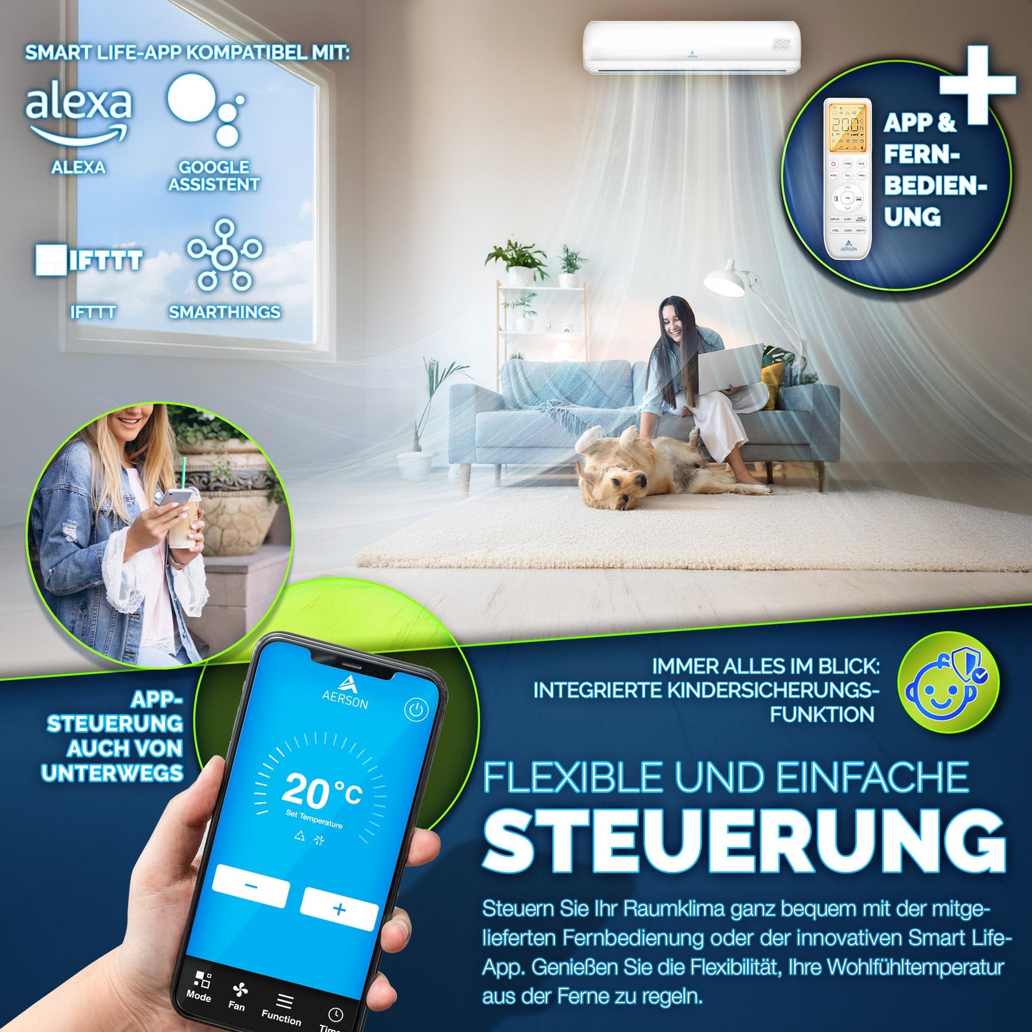 AERSON® Split-Klimaanlage 12000 BTU (3,5 kW), A++/A+, WiFi/App, R32, Wandgerät mit Fernbedienung, Timer & komplettem Montagematerial