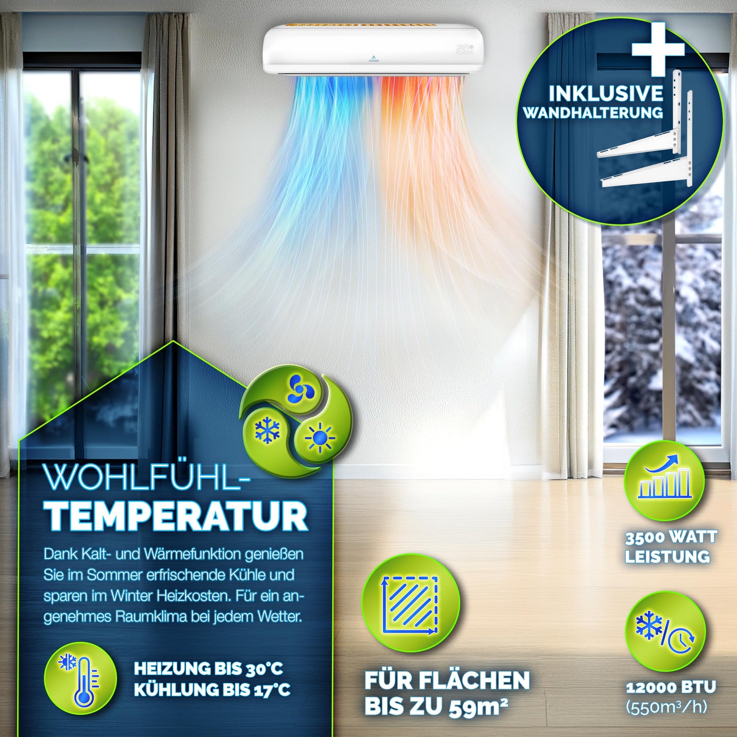 AERSON® Split-Klimaanlage 12000 BTU (3,5 kW), A++/A+, WiFi/App, R32, Wandgerät mit Fernbedienung, Timer & komplettem Montagematerial